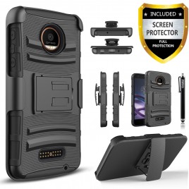 Moto Z, Moto Z Droid Case, Dual Layers [Combo Holster] Case And Built-In Kickstand Bundled with [Premium Screen Protector] Hybird Shockproof And Circlemalls Stylus Pen For Motorola Moto Z / Moto Z Droid (Black)